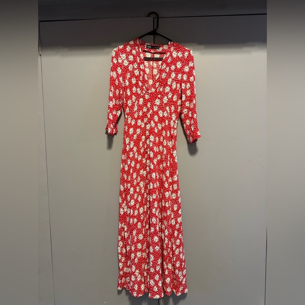 Zara - Red and White Long Sleeve Wrap Sundress (Size S)